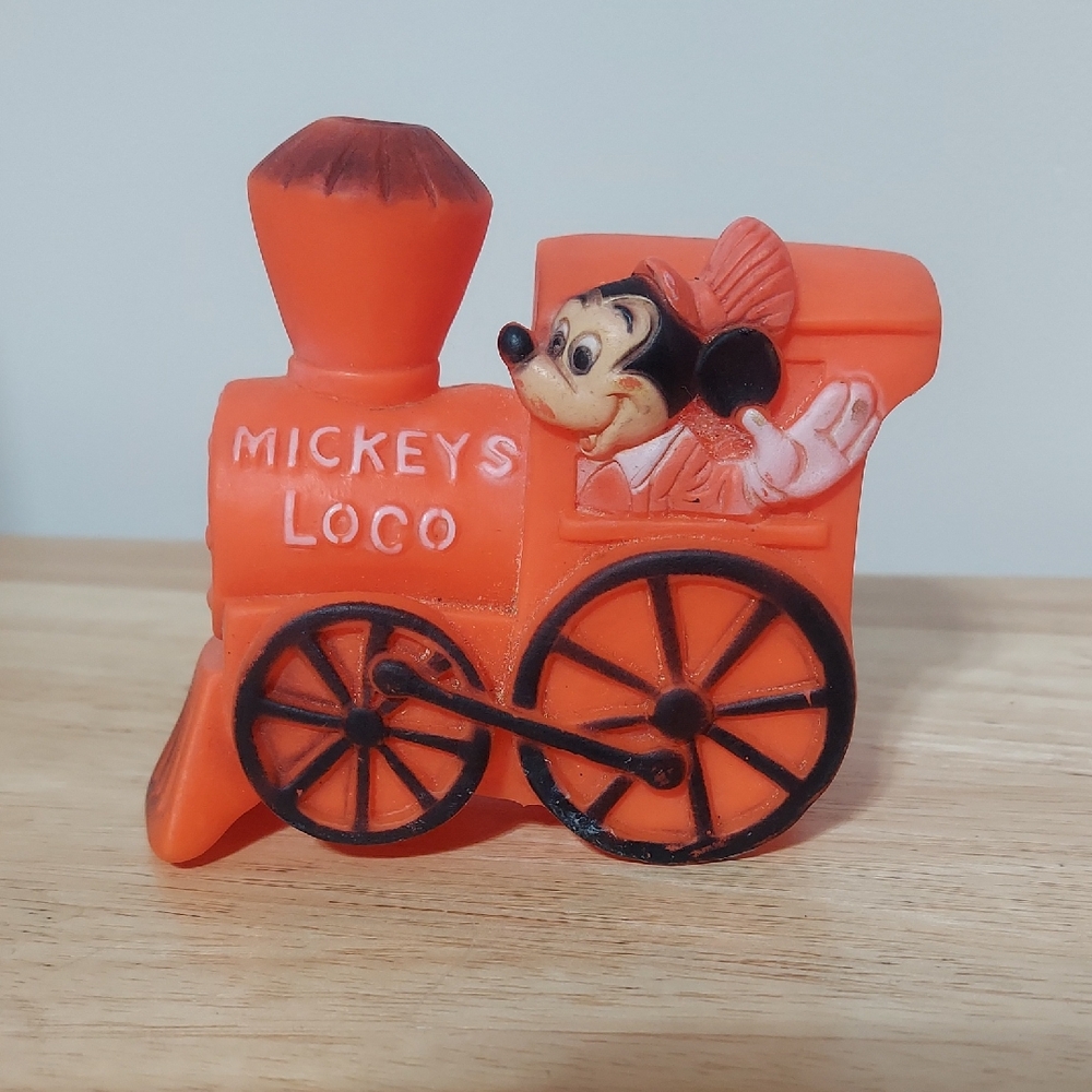 Vintage 1970s Danara Disney Mickey's Loco Orange Train Squeaky Toy – Rare